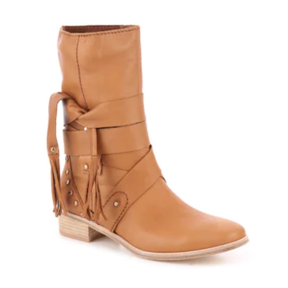 See By Chloe Dakar Wrap Tie Heeled Boot Lt Brown Leather Sz 8 EU 37.5